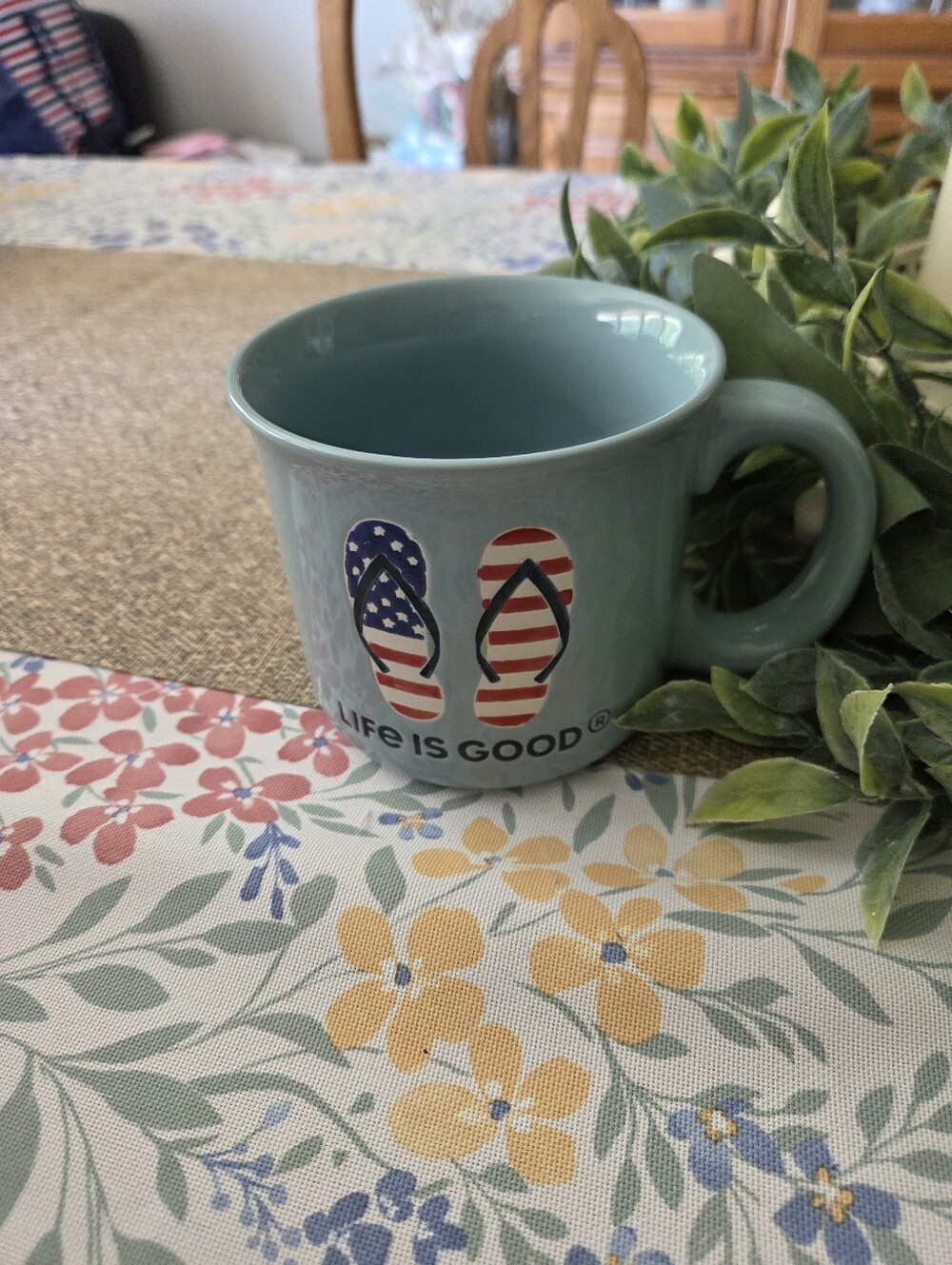 Life Is Good Light Blue Ceramic Mug with Red, White and Blue Flip-Flops - Picture 4 of 4